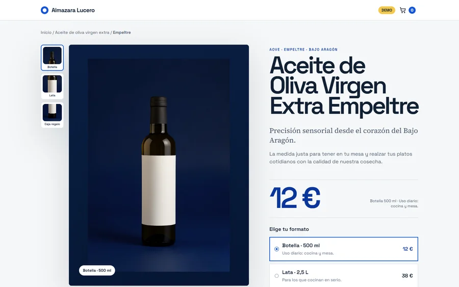 Hero real de Almazara Lucero: botella de aceite sobre fondo cobalto y precio destacado de 12 euros