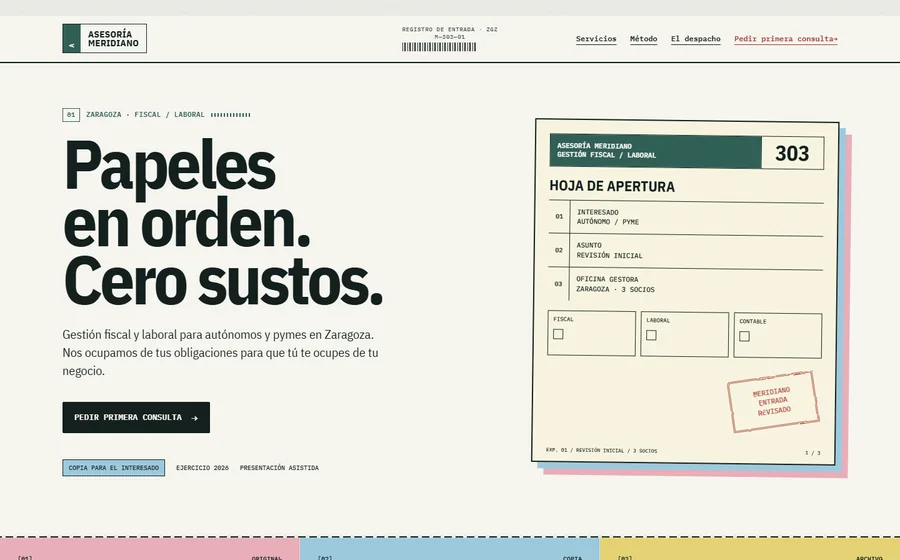 Hero real de Asesoría Meridiano: identidad inspirada en impresos oficiales