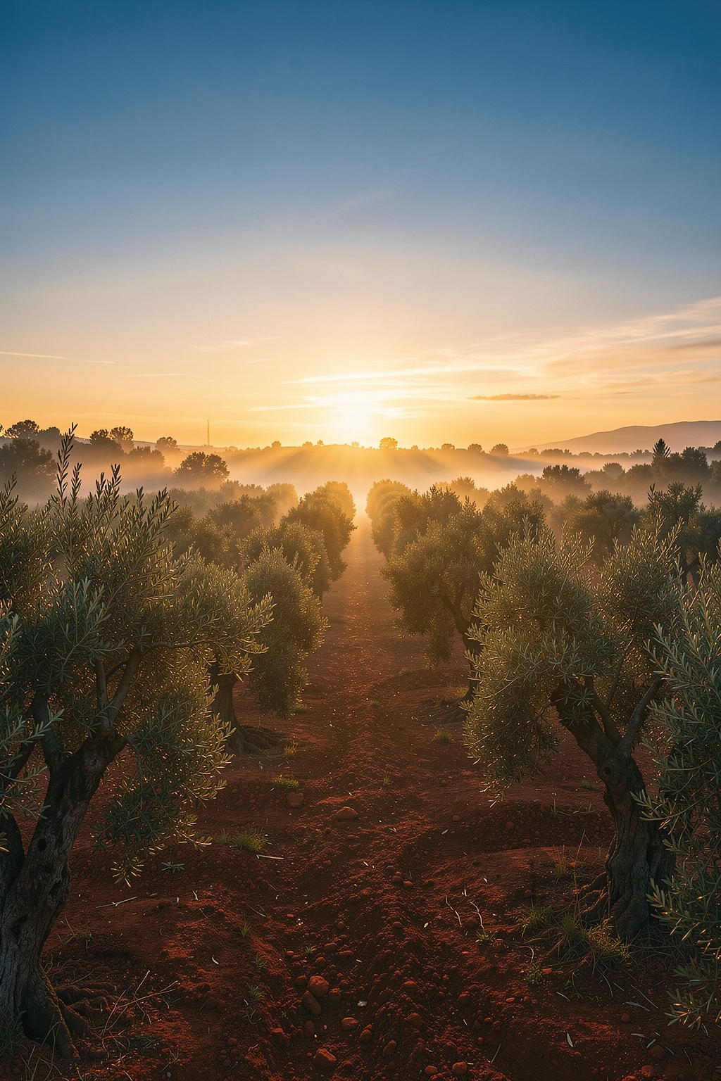 Olivar de la cooperativa Almazara Lucero al amanecer en el Bajo Aragón