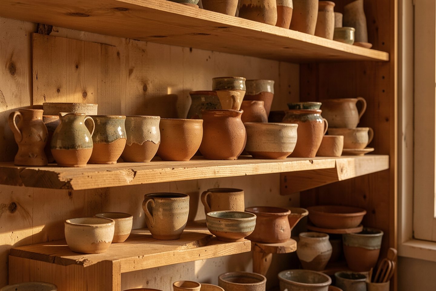 Piezas de cerámica acabadas ordenadas en una estantería