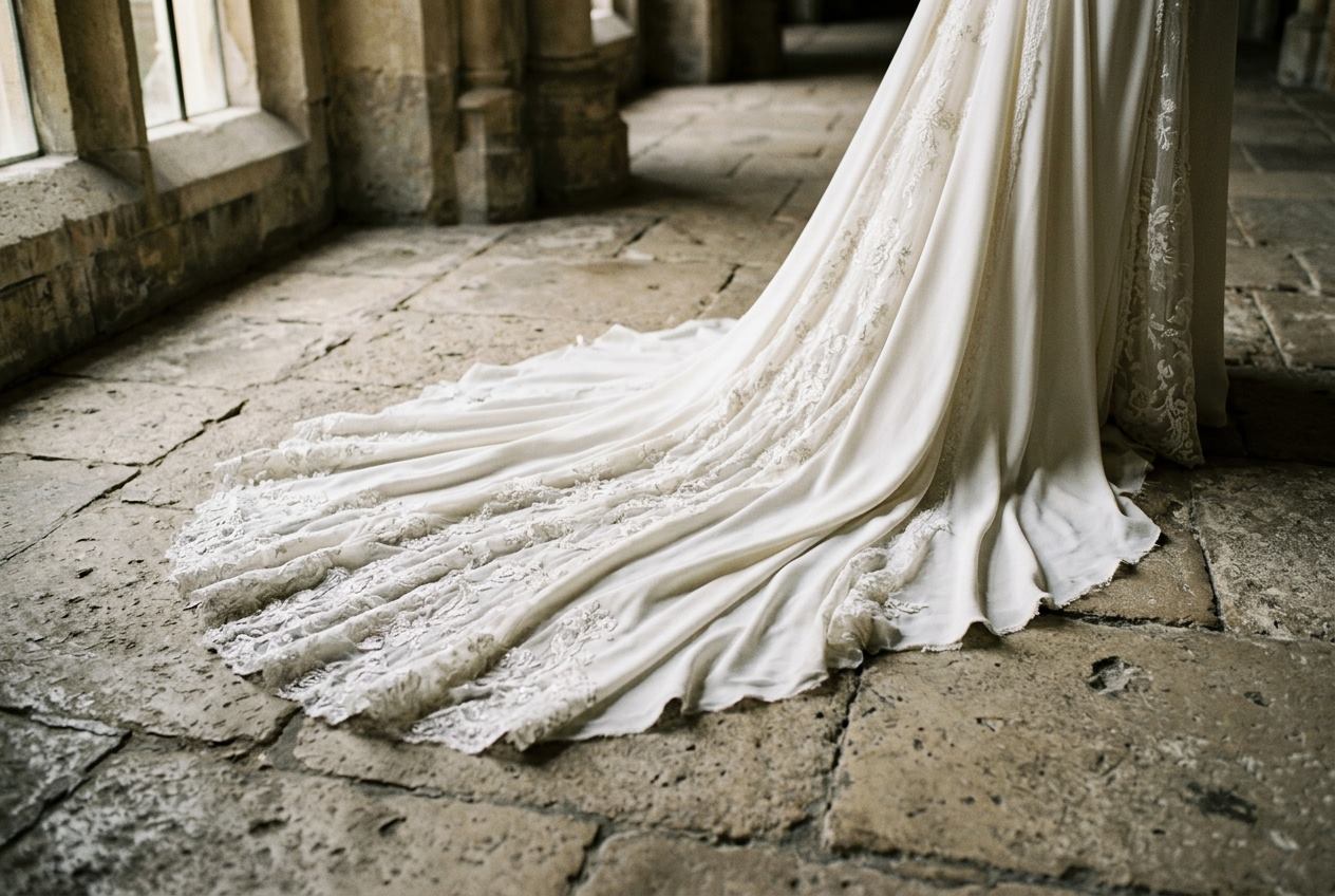 Cola de encaje de un vestido de novia extendida sobre un antiguo suelo de piedra