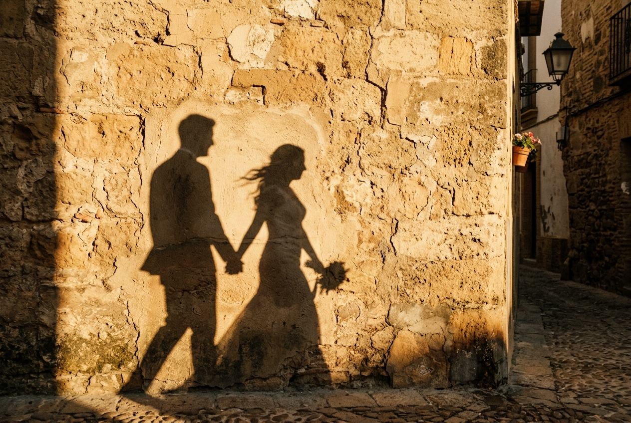 Sombras de una pareja cogida de la mano caminando sobre un muro de piedra al atardecer