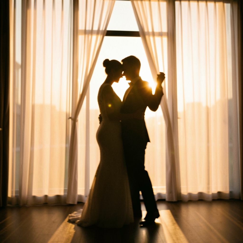 Silueta de una pareja bailando frente a cortinas atravesadas por la luz del atardecer