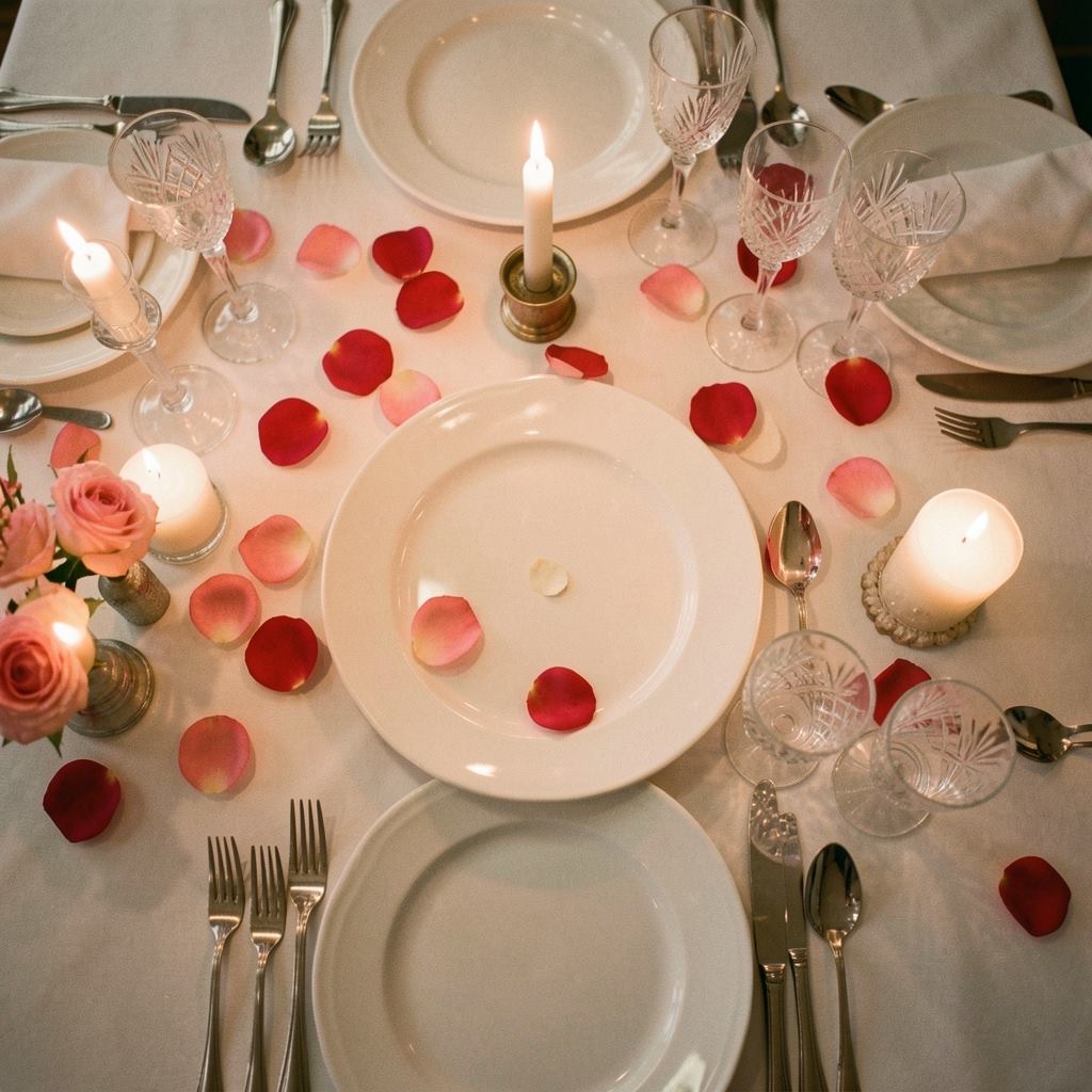 Mesa de celebración preparada con vajilla blanca, velas encendidas, rosas y pétalos