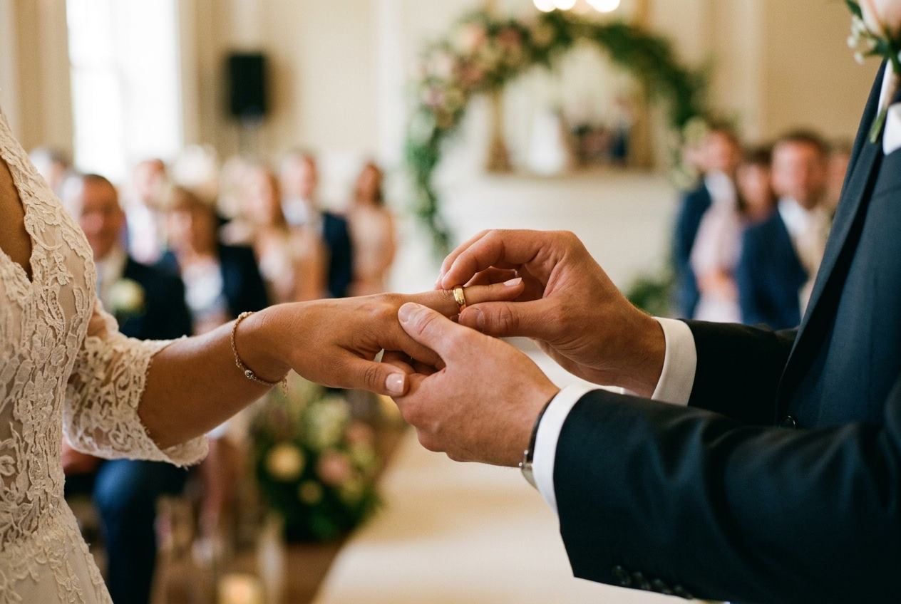Pareja intercambiando una alianza durante la ceremonia con los invitados al fondo